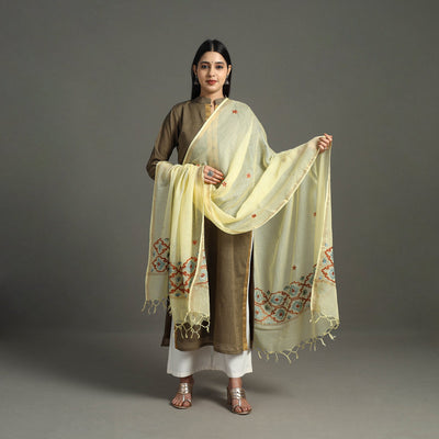 Yellow - hand embroidery kota silk handloom kashida dupatta
