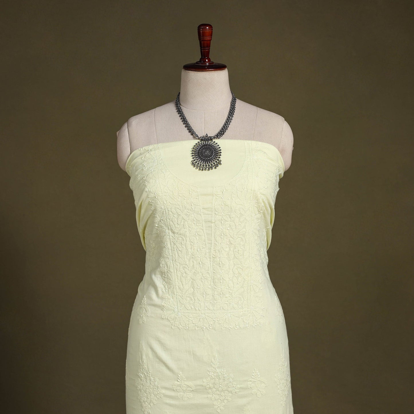 Yellow Hand Embroidery Mul Cotton Chikankari Kurta Material