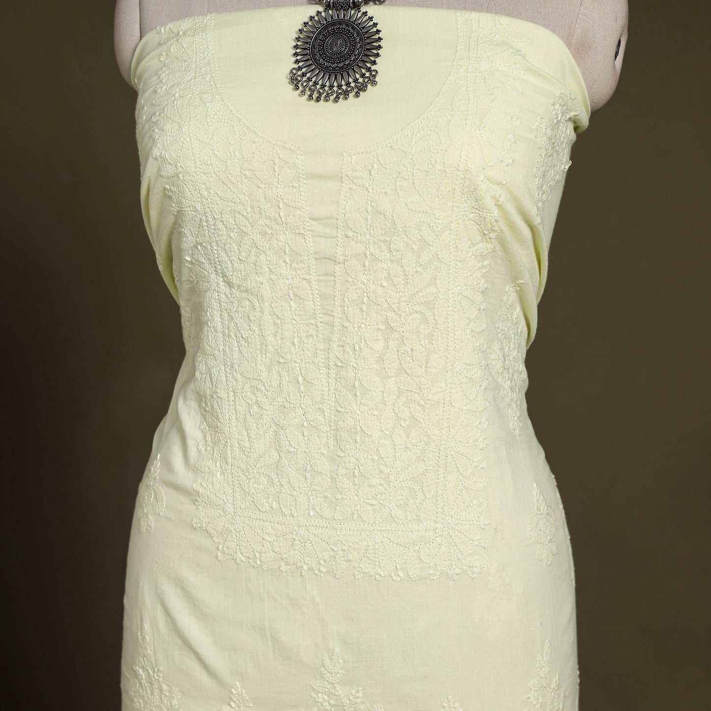 Yellow Hand Embroidery Mul Cotton Chikankari Kurta Material