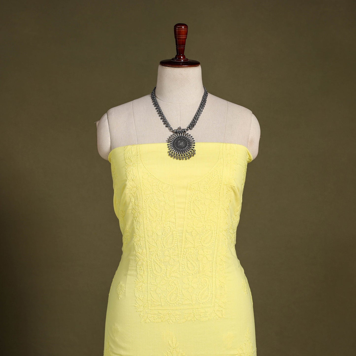 Yellow Hand Embroidery Mul Cotton Chikankari Kurta Material