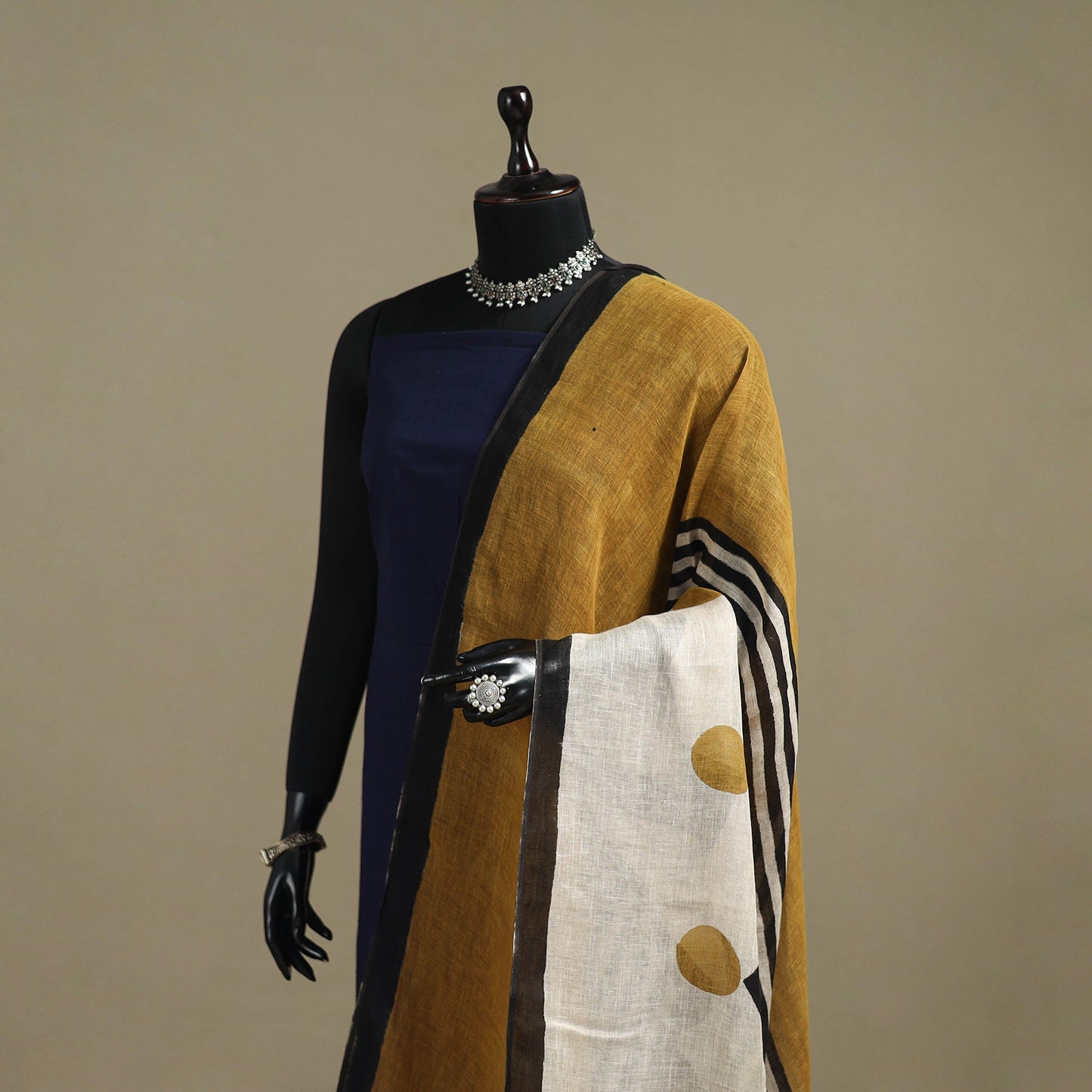 Hand natural dyed linen dupatta with tassels 15