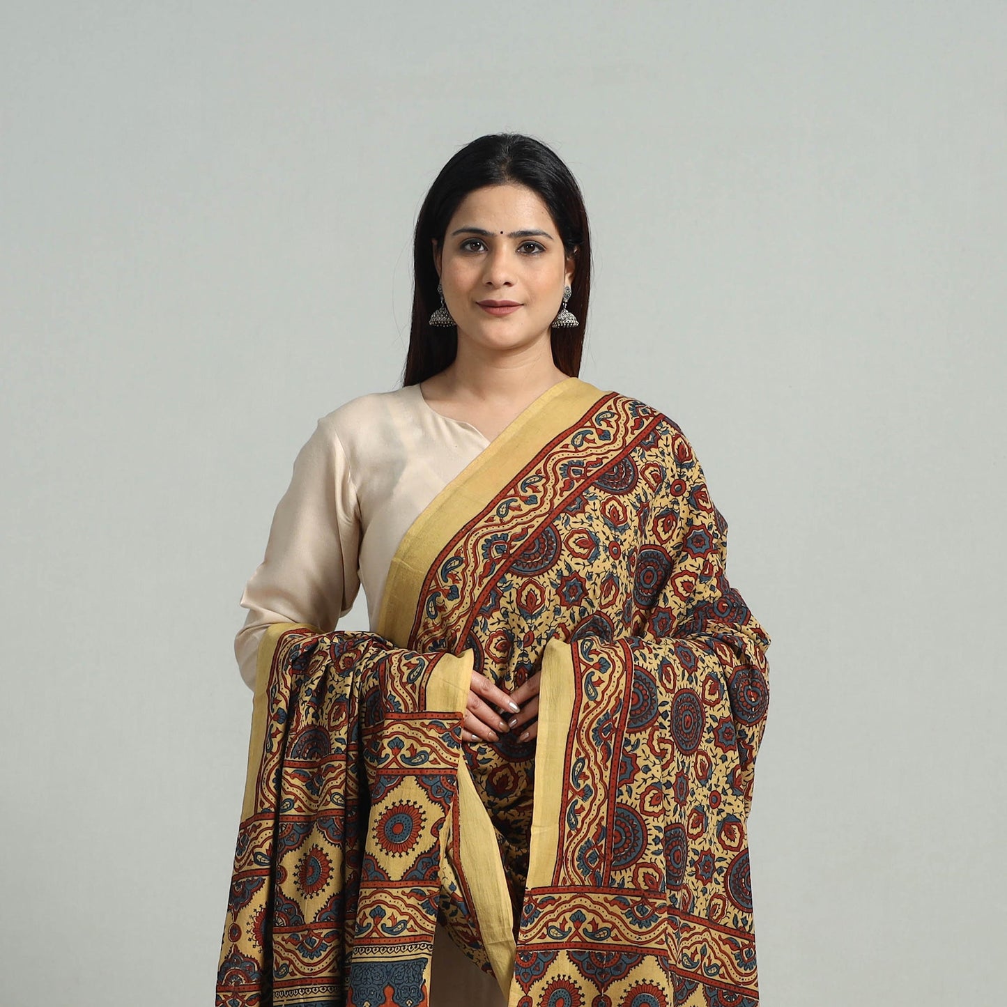 Yellow - hand printed cotton dupatta 06 - handcrafted