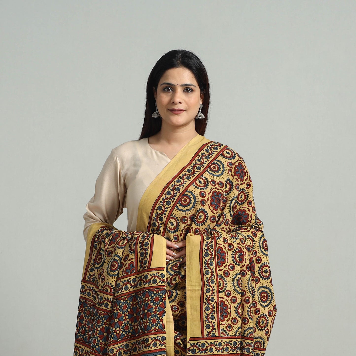 Yellow - hand printed cotton dupatta 08 - handcrafted