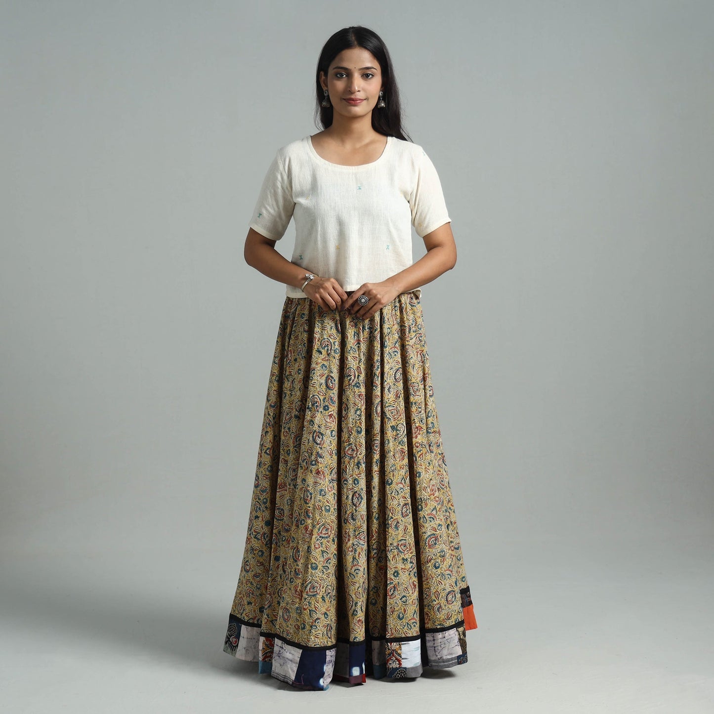 Yellow - hand printed cotton long kalamkari skirt 02
