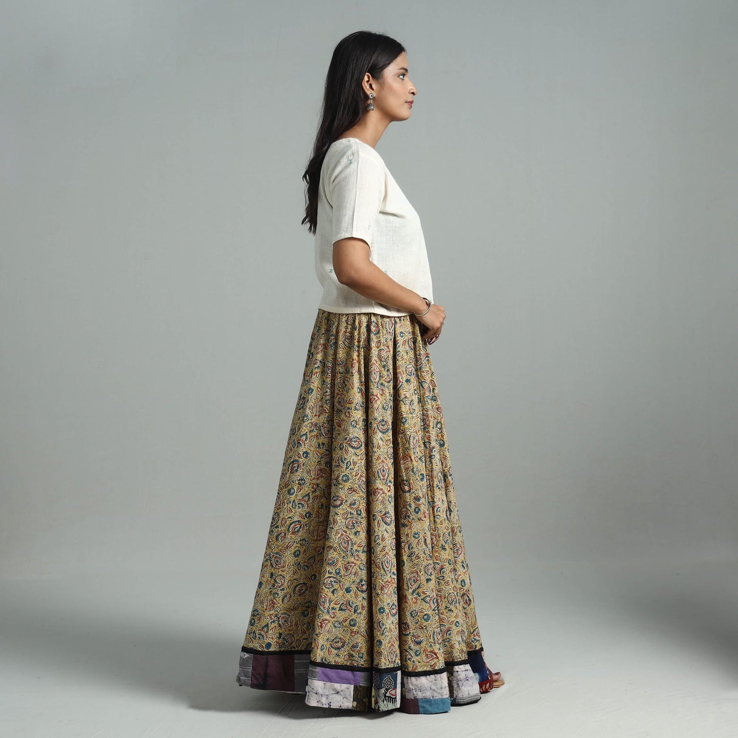 Yellow - hand printed cotton long kalamkari skirt 02