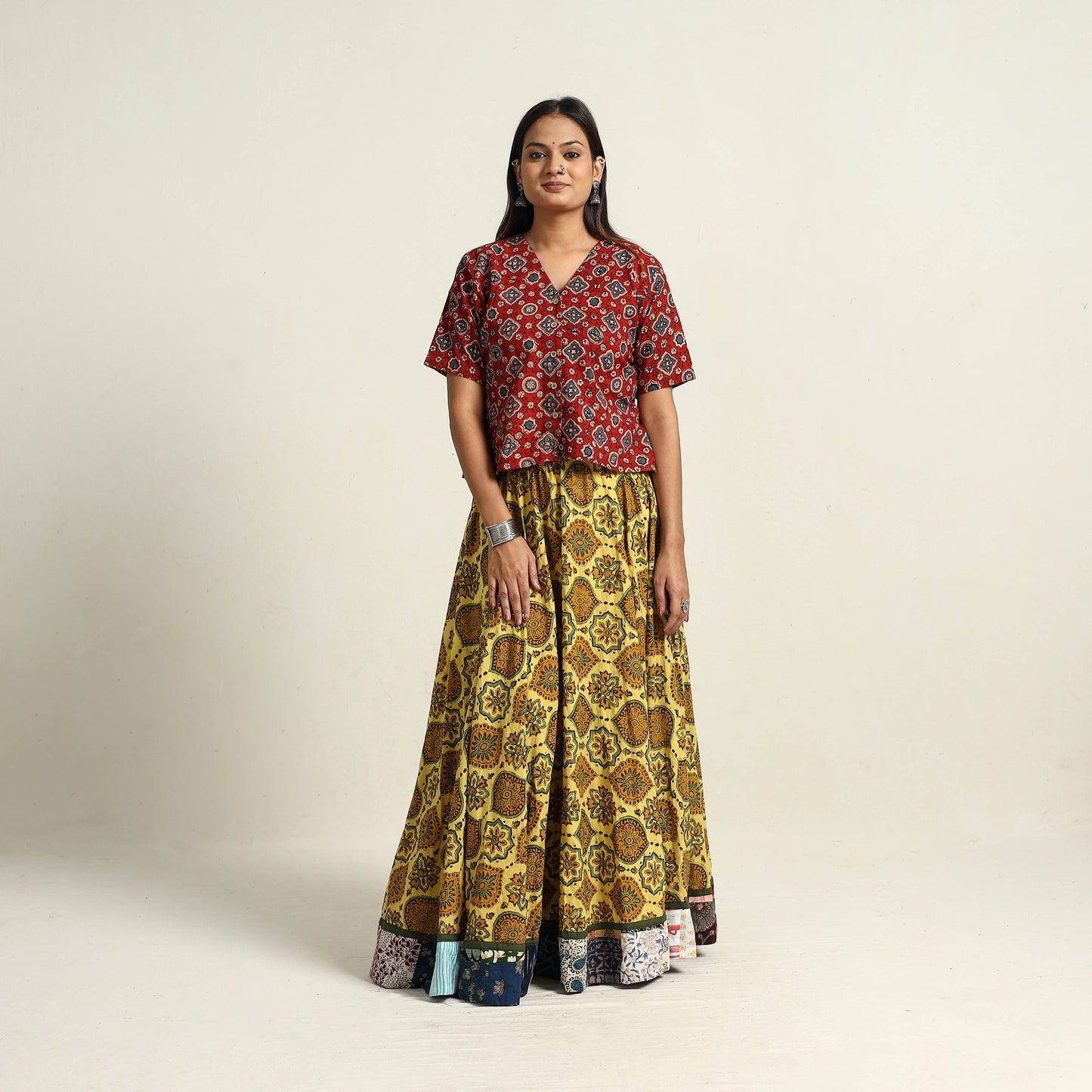 Yellow - hand printed cotton long skirt 14 - handcrafted