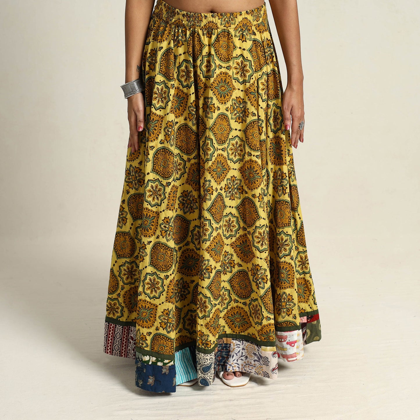 Yellow - hand printed cotton long skirt 14 - handcrafted