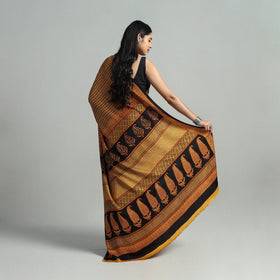 Yellow - hand printed natural dyed modal silk bagh saree 04