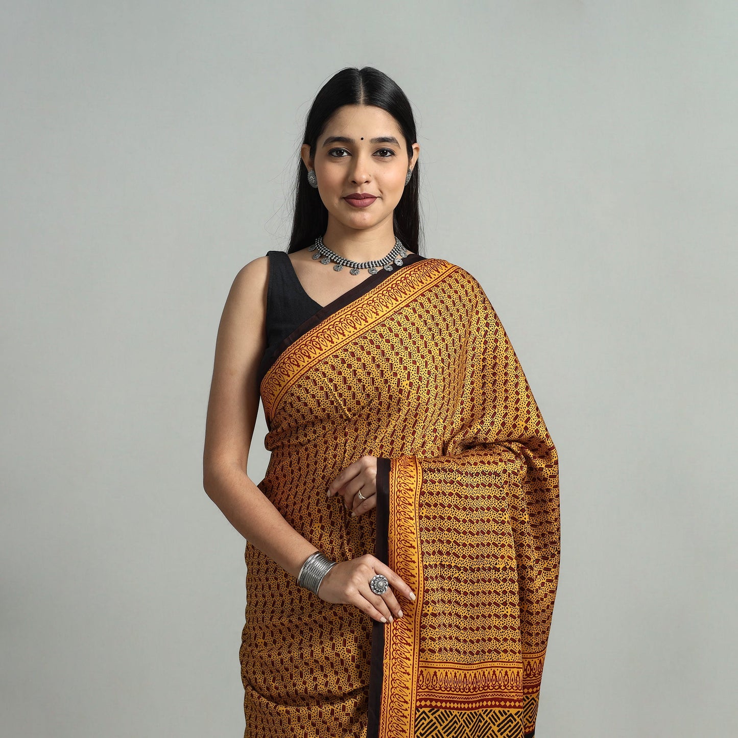 Yellow - hand printed natural dyed modal silk bagh saree 04