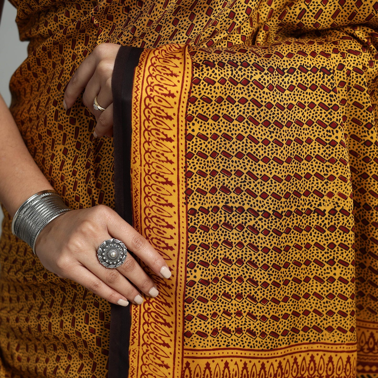 Yellow - hand printed natural dyed modal silk bagh saree 04