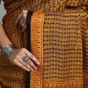 Yellow - hand printed natural dyed modal silk bagh saree 04