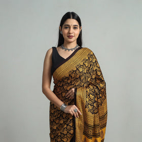  Yellow Hand Block Printed Natural Dyed Modal Silk Bagh Saree
