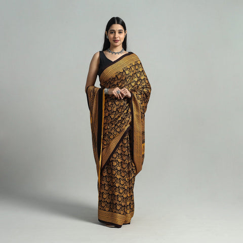  Yellow Hand Block Printed Natural Dyed Modal Silk Bagh Saree