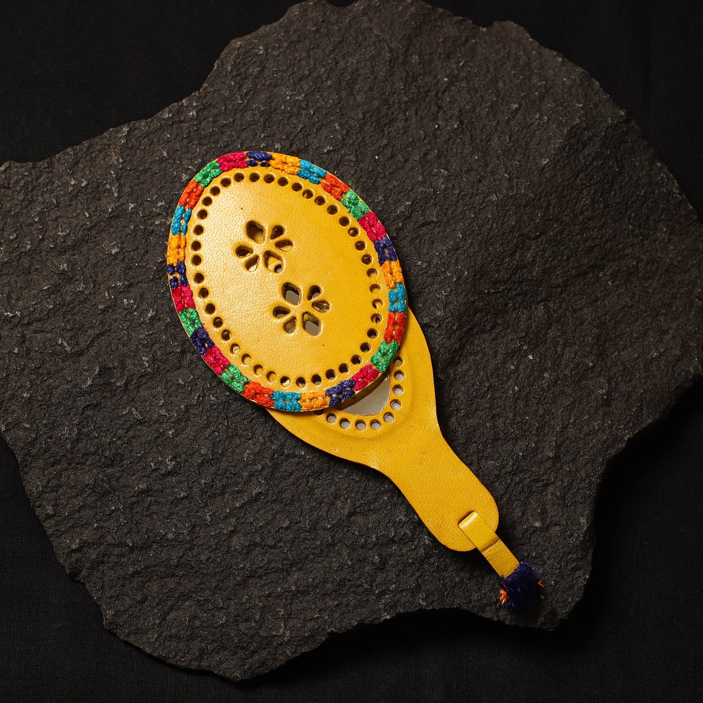 Yellow Handcrafted Kutch Cutwork Leather Hand Mirror with Pouch