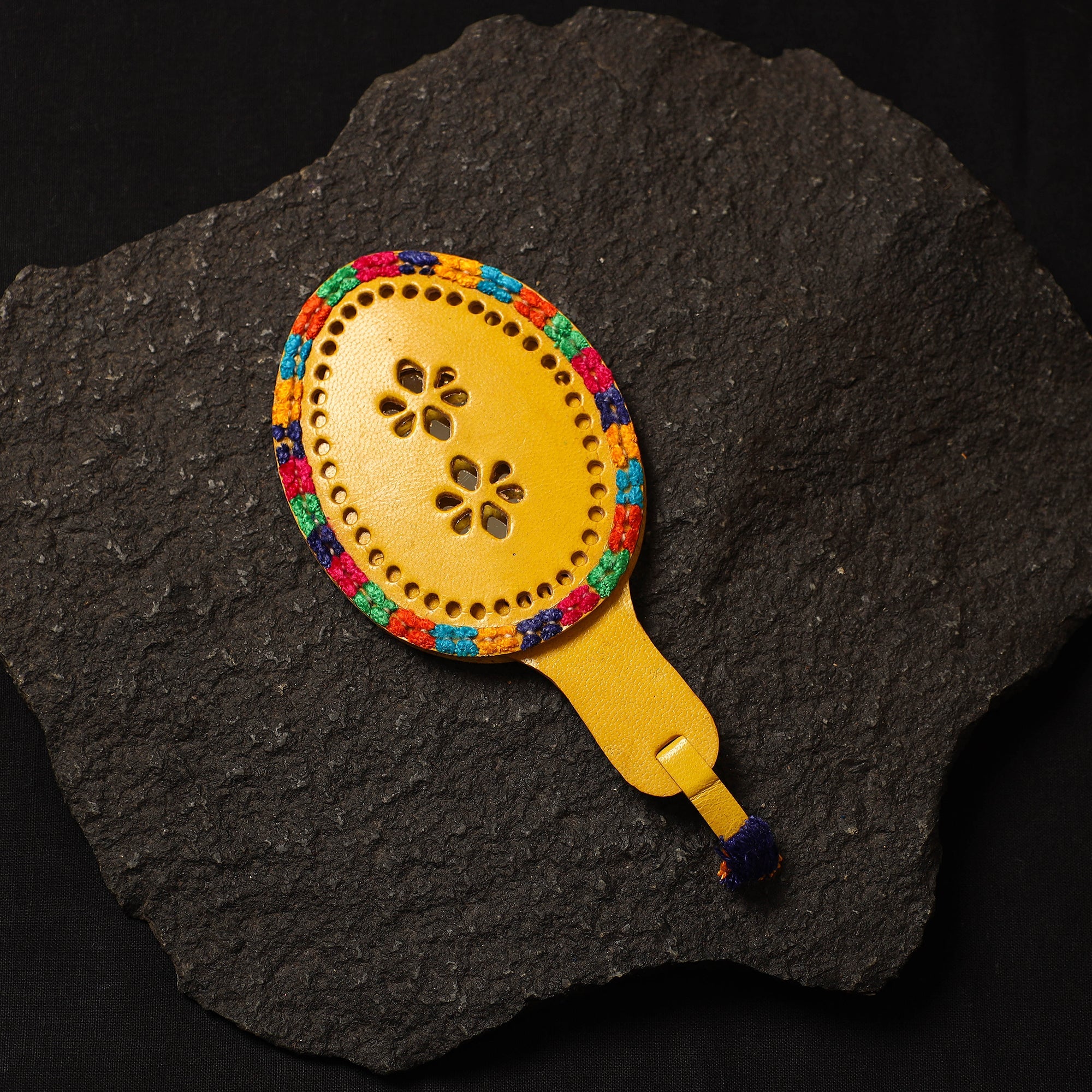 Yellow Handcrafted Kutch Cutwork Leather Hand Mirror with Pouch