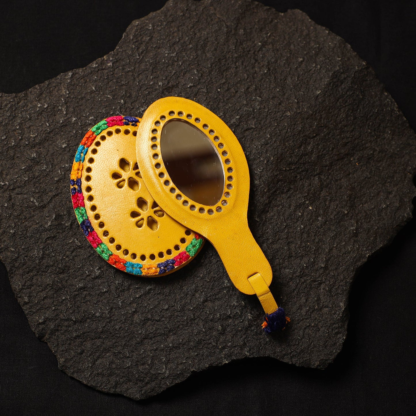 Yellow Handcrafted Kutch Cutwork Leather Hand Mirror with Pouch