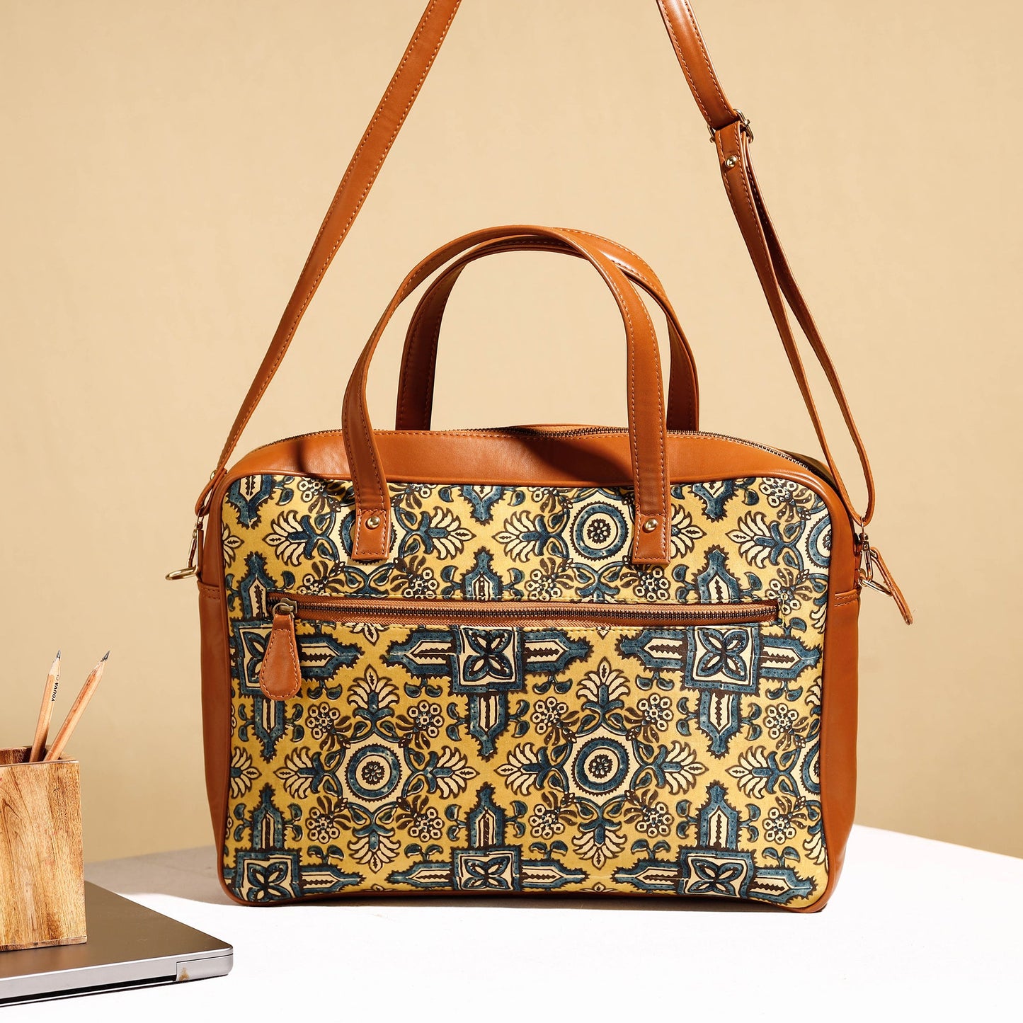  Handcrafted Ajrakh Block Printed Modal Silk Laptop Bag 