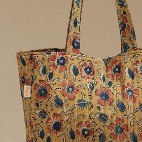 Handcrafted quilted kalamkari block printed fabric tote bag