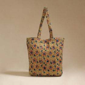 Handcrafted quilted kalamkari block printed fabric tote bag