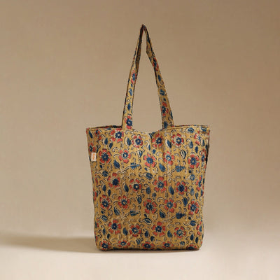 Handcrafted quilted kalamkari block printed fabric tote bag