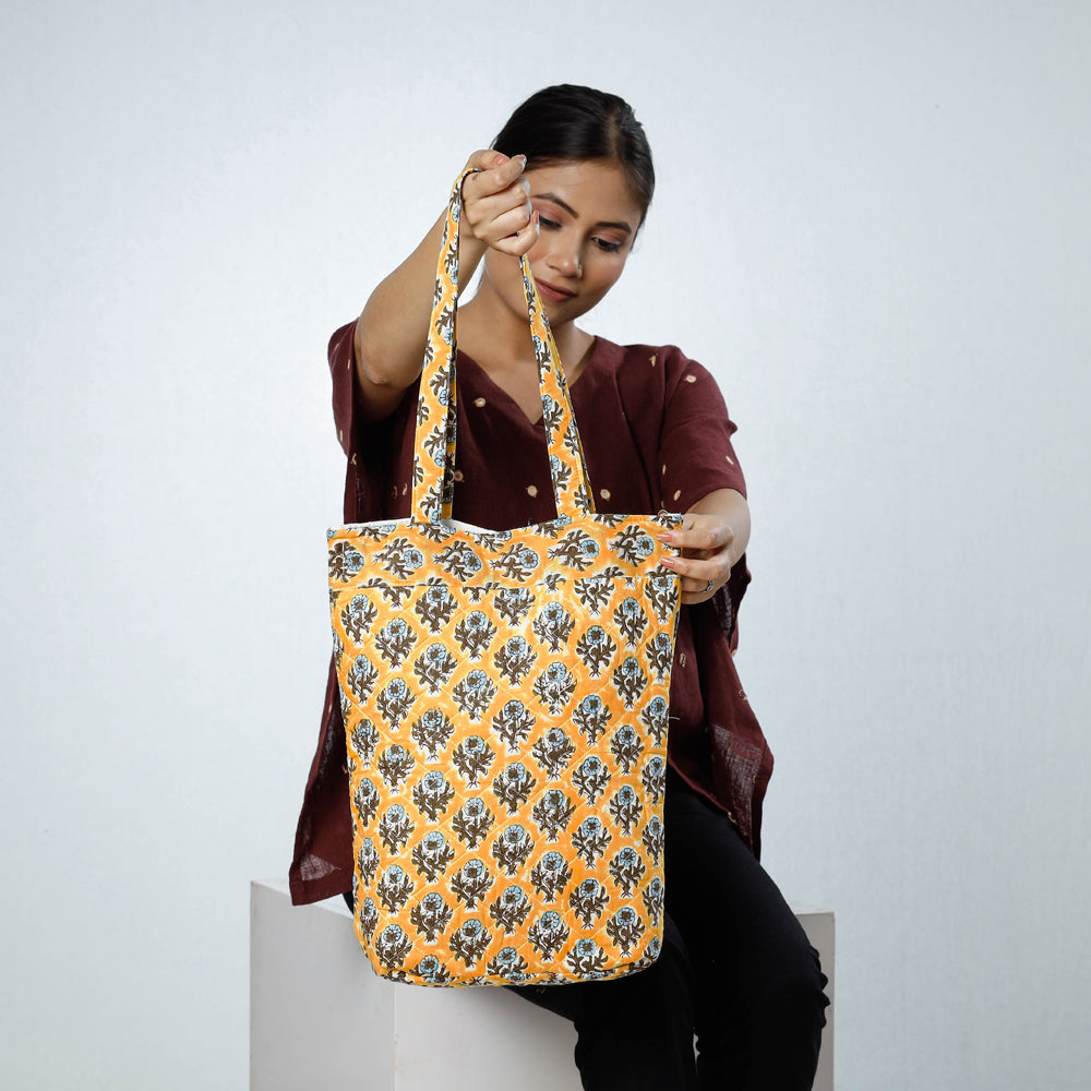 Yellow - Handcrafted Quilted Sanganeri Block Printed Shoulder Bag