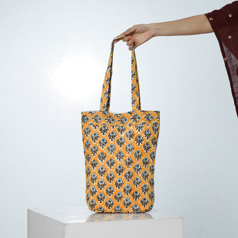 Yellow - Handcrafted Quilted Sanganeri Block Printed Shoulder Bag