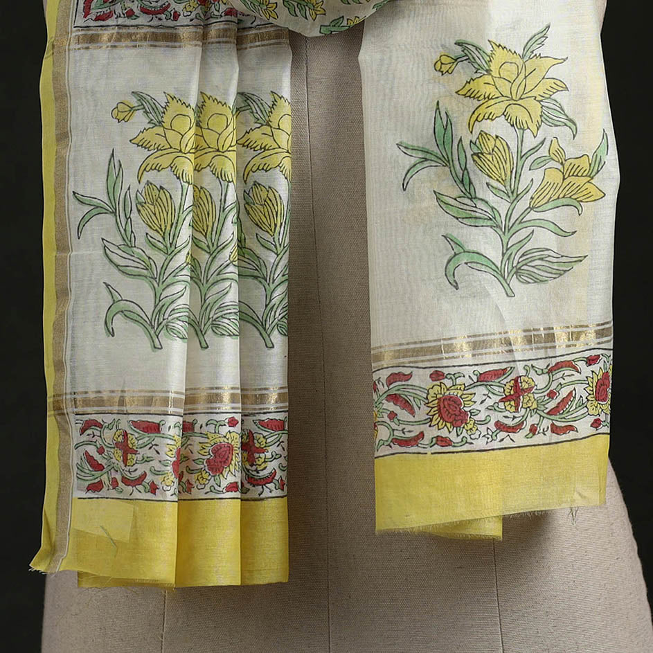 Handloom chanderi silk hand block print sanganeri stole 03