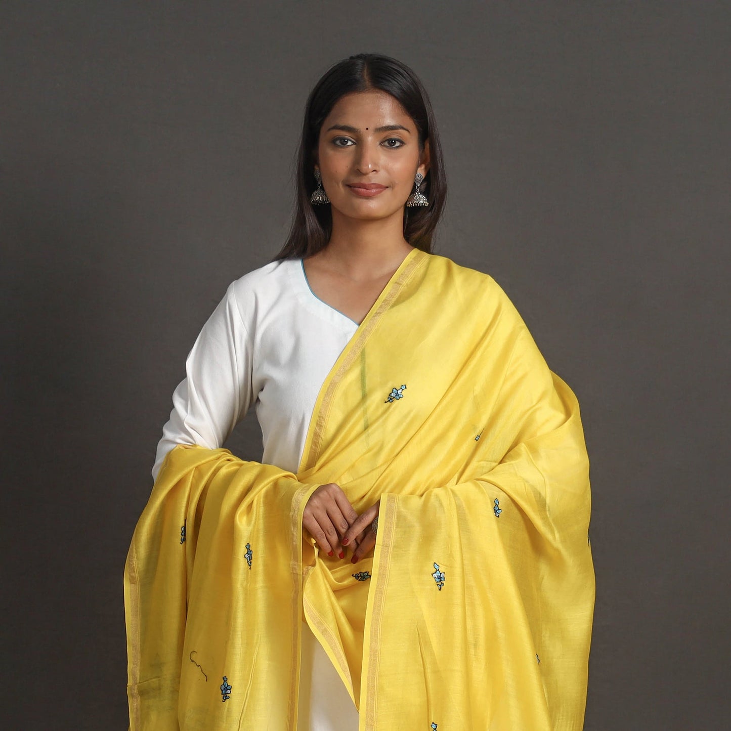 Yellow - handloom chanderi silk kashida embroidery dupatta