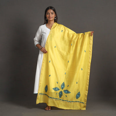 Yellow - handloom chanderi silk kashida embroidery dupatta