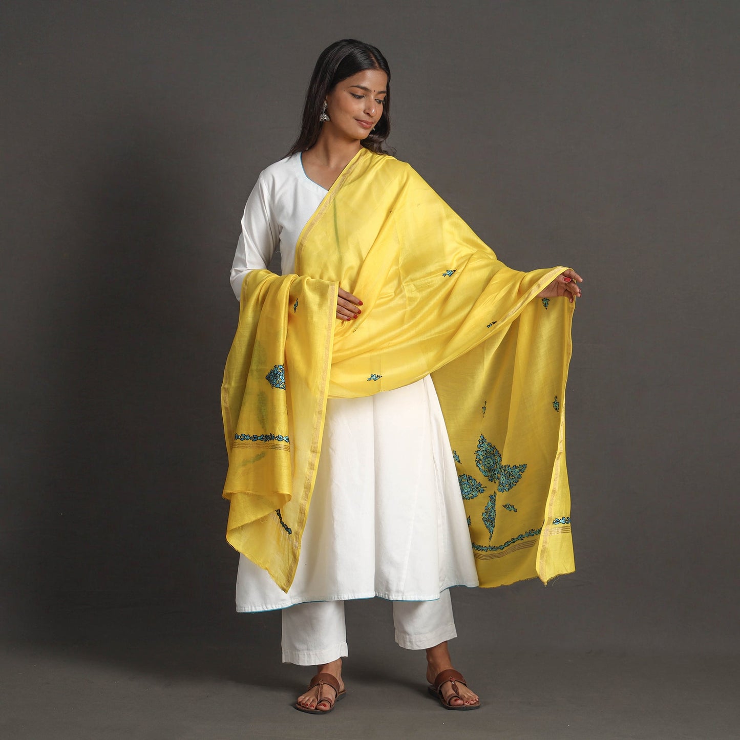 Yellow - handloom chanderi silk kashida embroidery dupatta