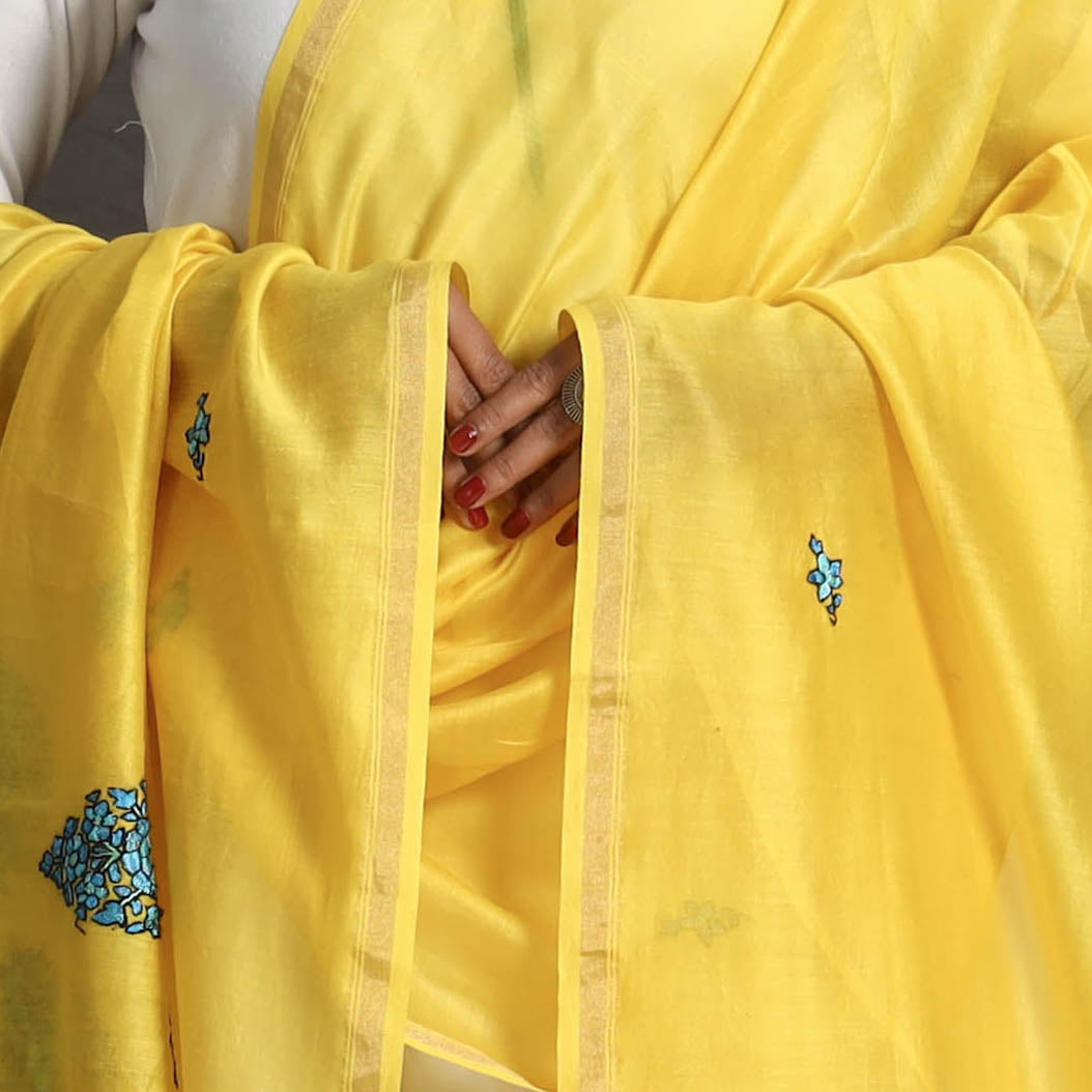 Yellow - handloom chanderi silk kashida embroidery dupatta