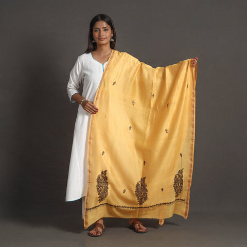 Yellow - handloom chanderi silk kashida embroidery dupatta