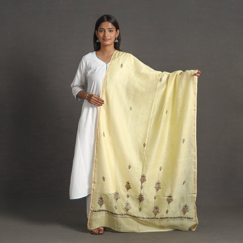 Yellow - handloom chanderi silk kashida embroidery dupatta
