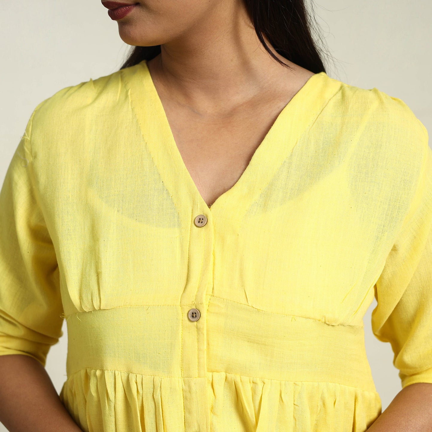 Buy Yellow Handloom Cotton Button Down Plain Dress