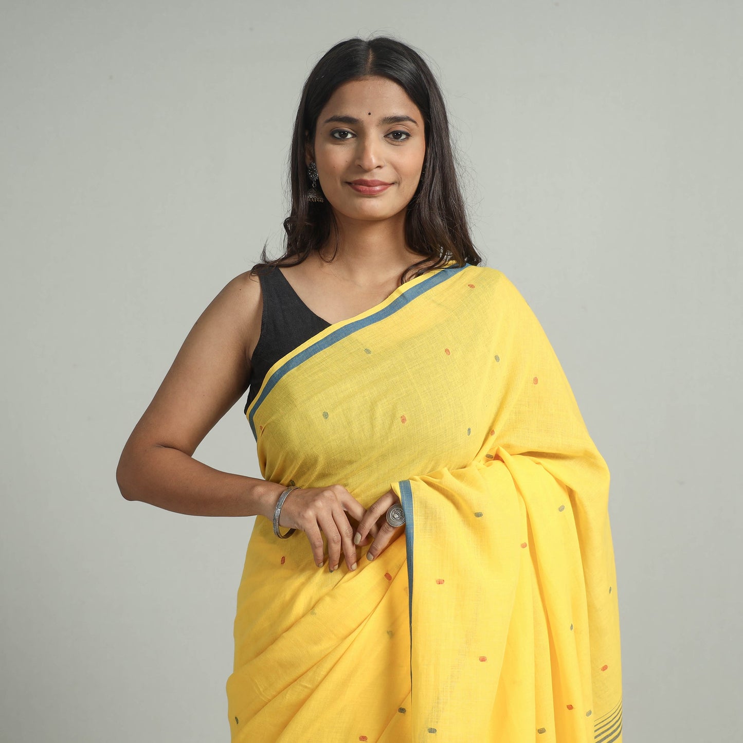 Yellow - handloom cotton phulia jamdani saree with tassels