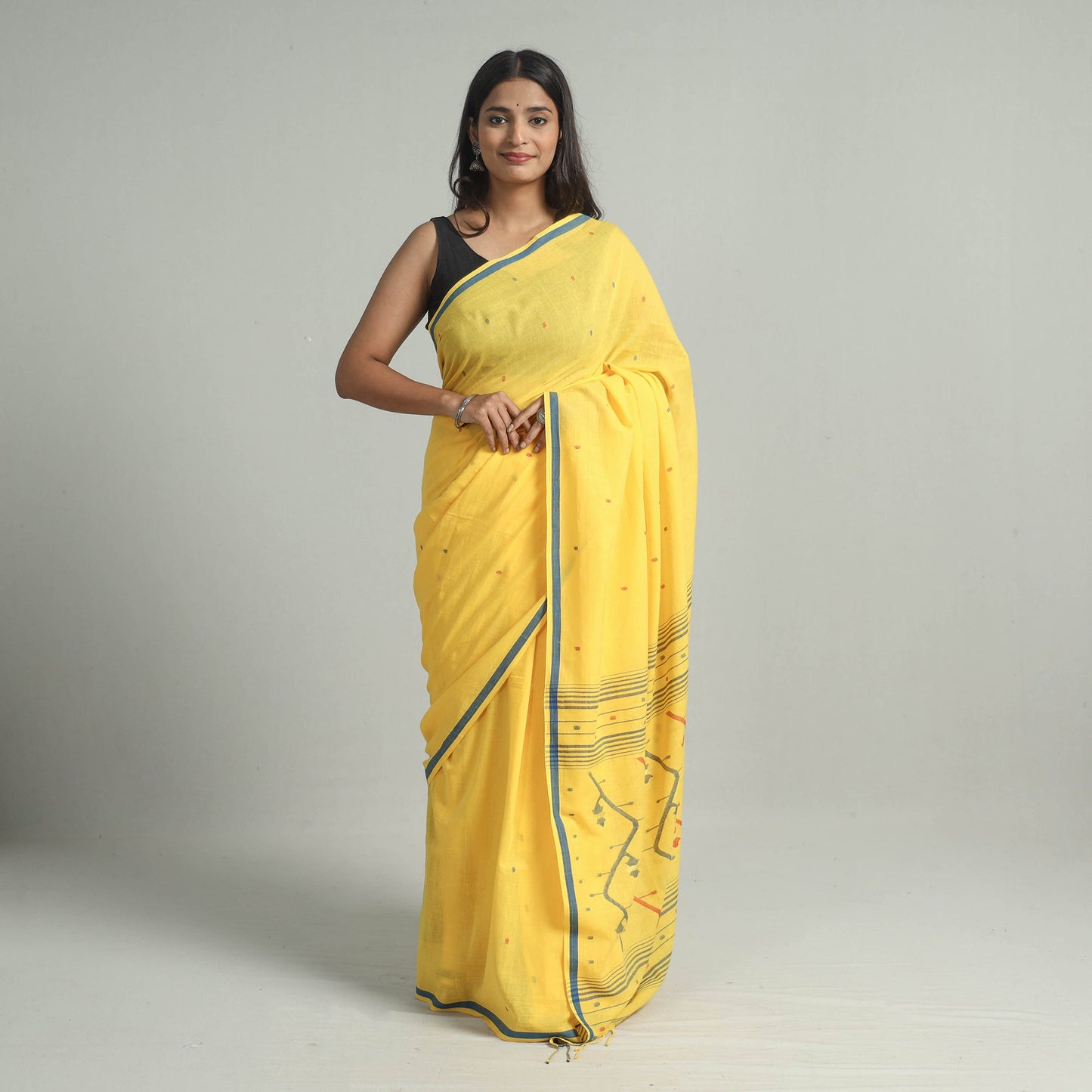 Yellow - handloom cotton phulia jamdani saree with tassels