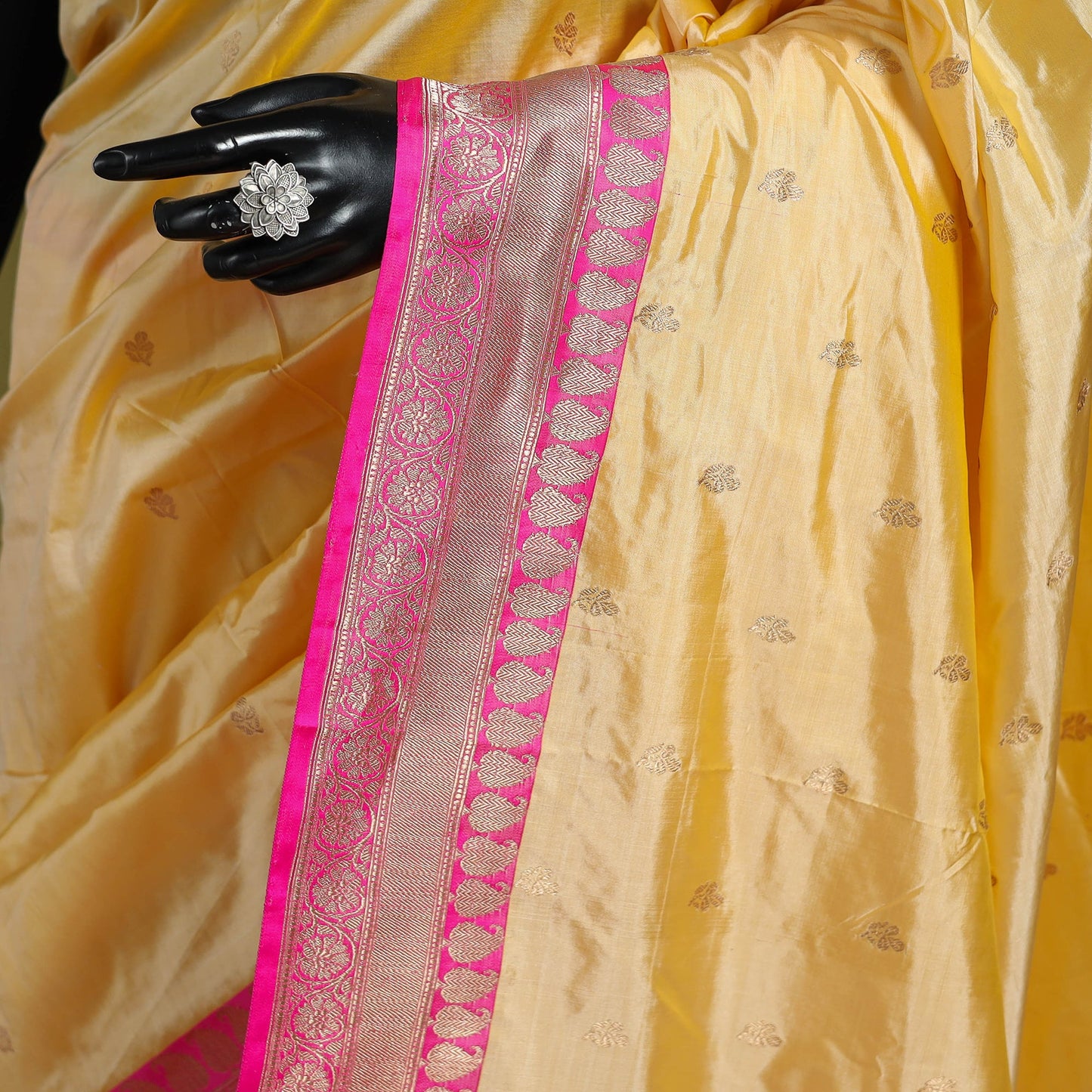 Yellow - handloom pure katan silk kaduwa zari buti banarasi