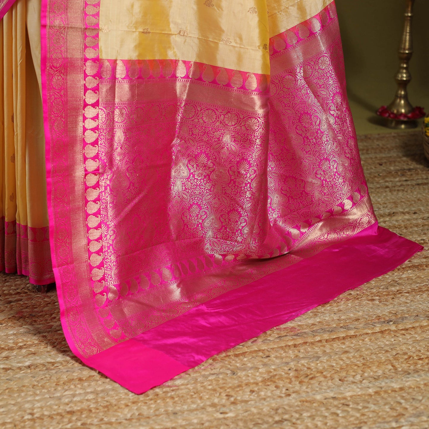 Yellow - handloom pure katan silk kaduwa zari buti banarasi