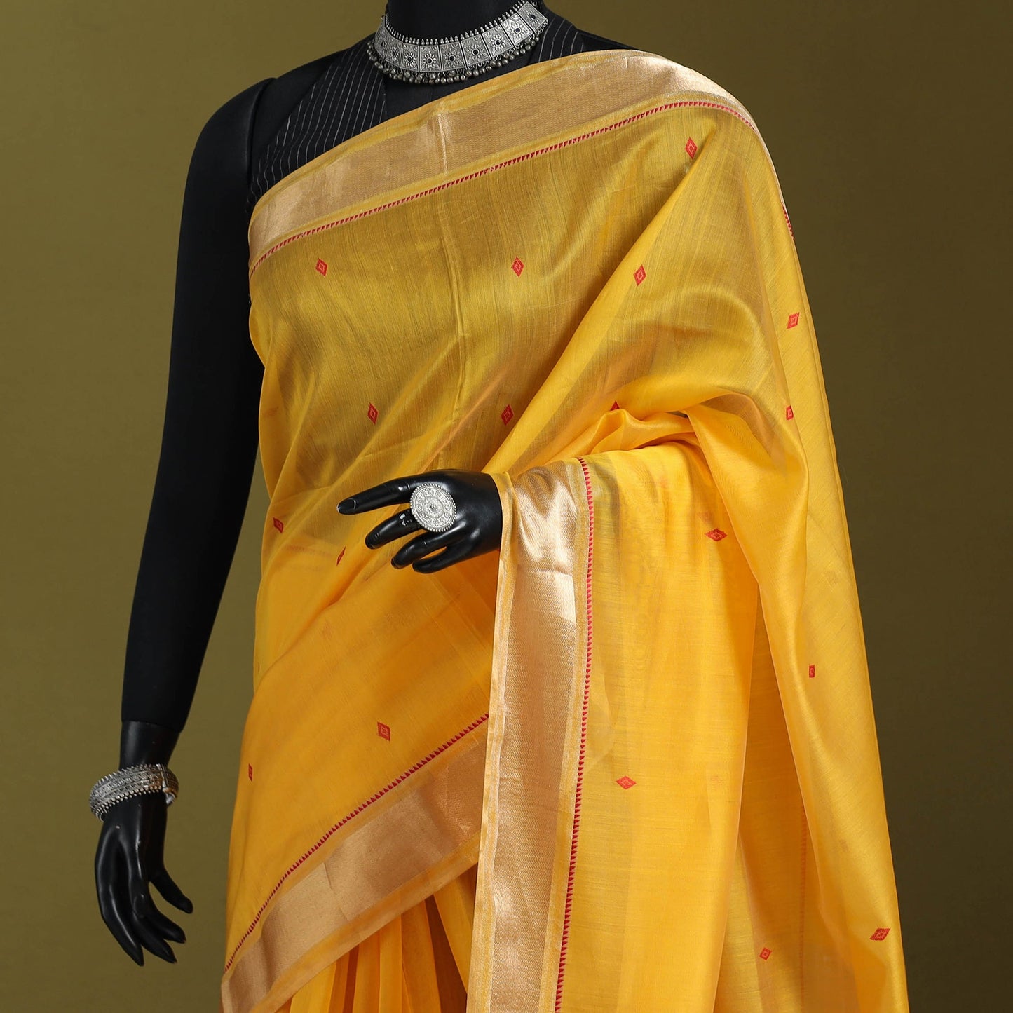Yellow - handloom silk cotton buti maheshwari saree