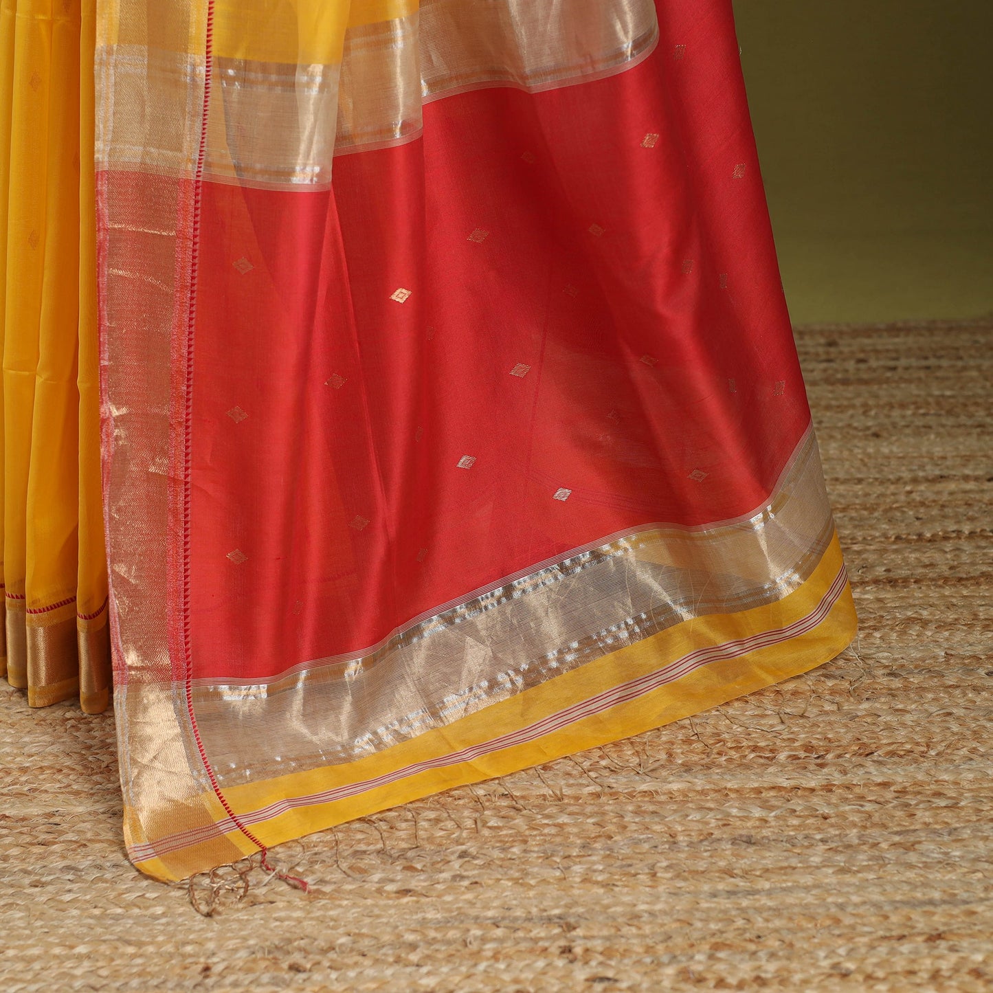 Yellow - handloom silk cotton buti maheshwari saree