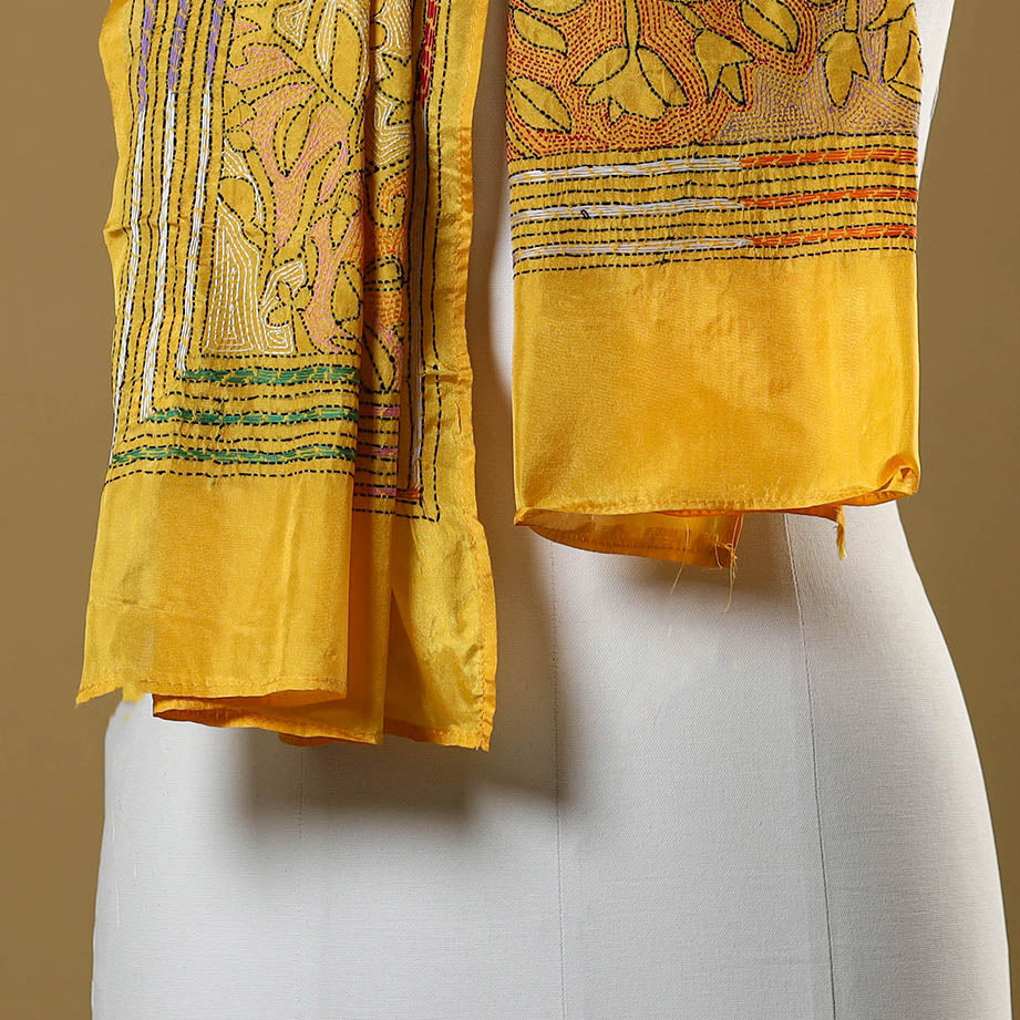 Yellow - handloom tussar silk bengal kantha work stole 17