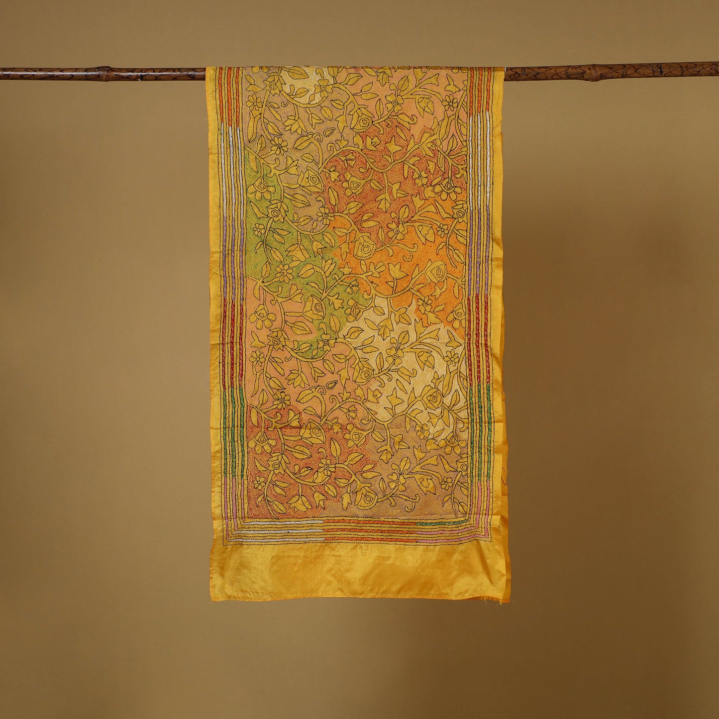 Yellow - handloom tussar silk bengal kantha work stole 17