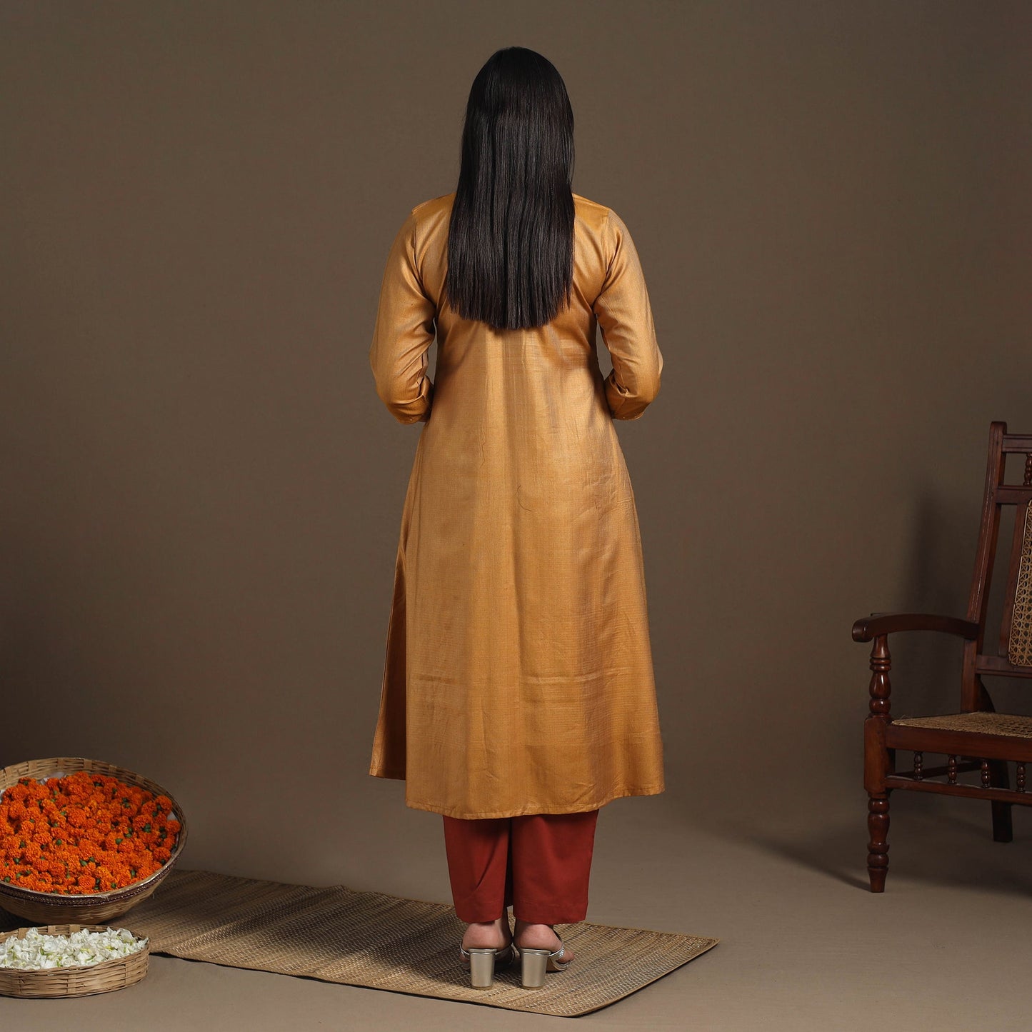 Yellow Handloom Tussar Silk Cotton A-Line Plain Kurta