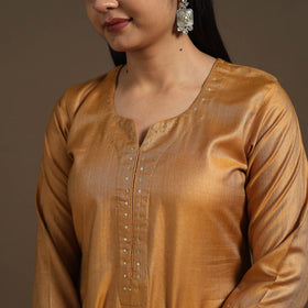 Yellow Handloom Tussar Silk Cotton A-Line Plain Kurta