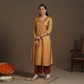 Yellow Handloom Tussar Silk Cotton A-Line Plain Kurta