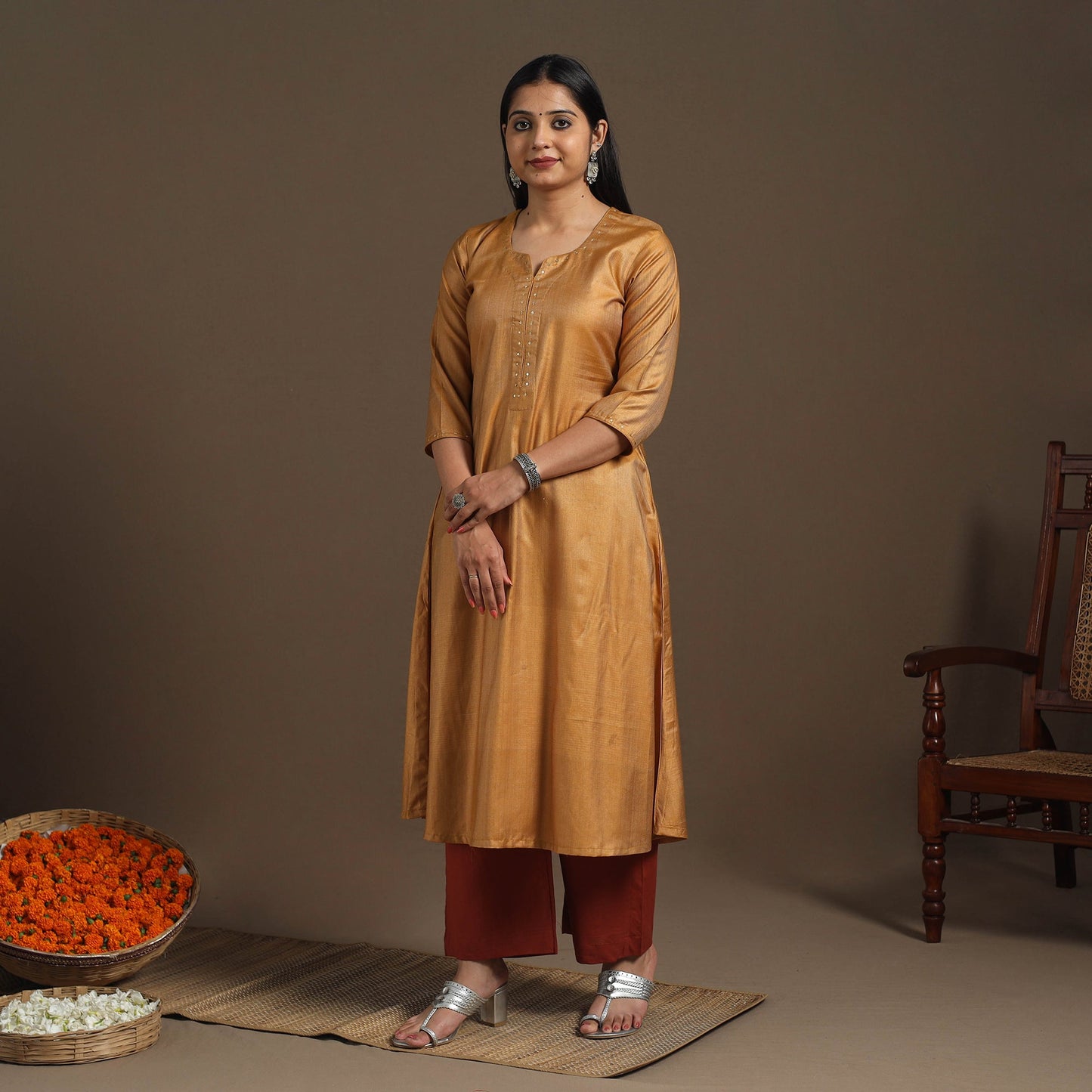Yellow Handloom Tussar Silk Cotton A-Line Plain Kurta