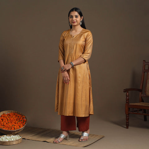 Yellow Handloom Tussar Silk Cotton A-Line Plain Kurta