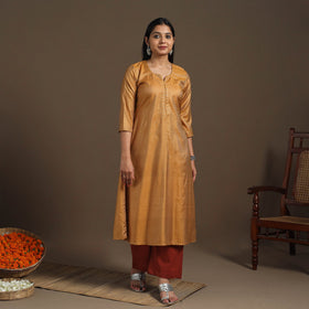 Yellow Handloom Tussar Silk Cotton A-Line Plain Kurta