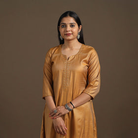 Yellow Handloom Tussar Silk Cotton A-Line Plain Kurta