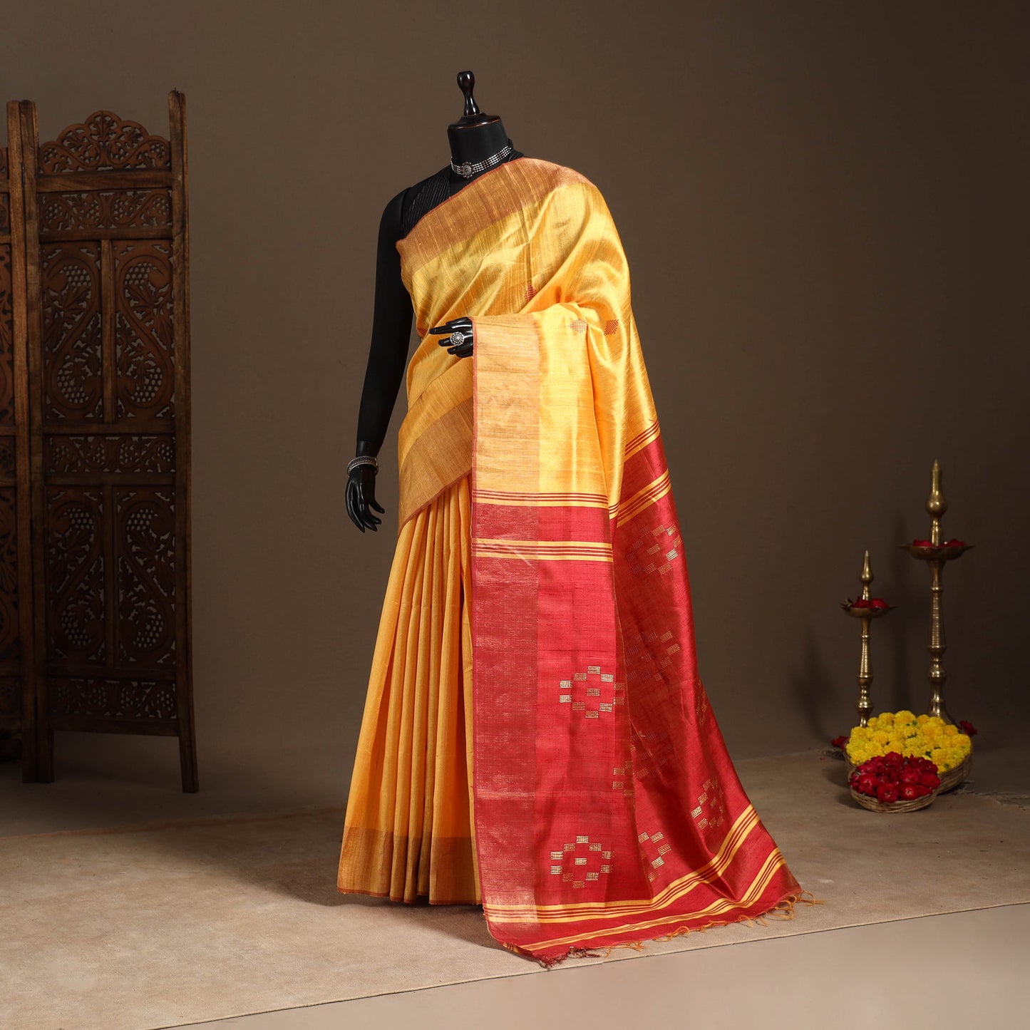 Yellow - handloom tussar silk zari border bhagalpuri saree